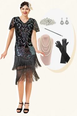 Paillettes Noires Robe Gatsby à Franges Avec Ensemble D’accessoires Des Années 20