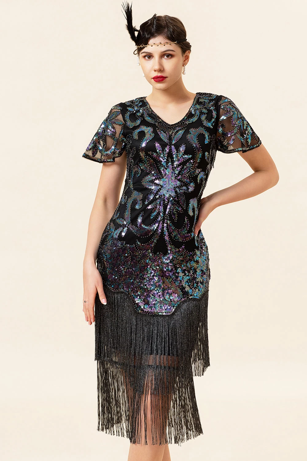 Paillettes Noires Robe Gatsby à Franges Avec Ensemble D’accessoires Des Années 20 5 Paillettes Noires Robe Gatsby à Franges Avec Ensemble D’accessoires Des Années 20 – Image 3