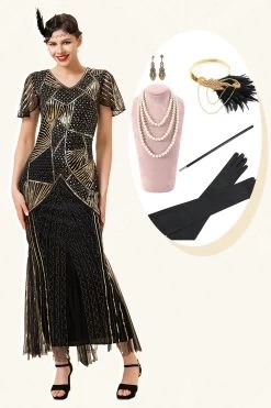 Sequins Golden Long Flapper Dress Avec Ensemble D’accessoires Des Années 20