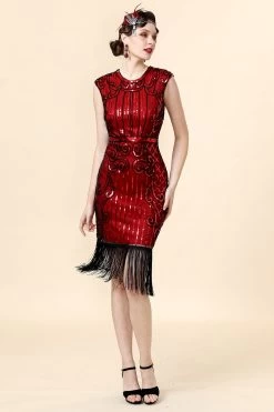 Burugndy Sequins Robe à Franges Flapper Avec Ensemble D’accessoires Des Années 20 -Zapaka YYZLHB230062 4