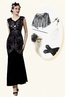 Ensemble D’accessoires Long Gatsby à Paillettes Noires Avec Accessoires Des Années 20