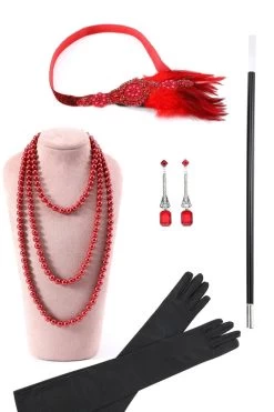 Robe à Flancs à Franges Perles Rouges Avec Ensemble D’accessoires Des Années 20 13 Robe à Flancs à Franges Perles Rouges Avec Ensemble D’accessoires Des Années 20 -Zapaka YYZLHB230080 6