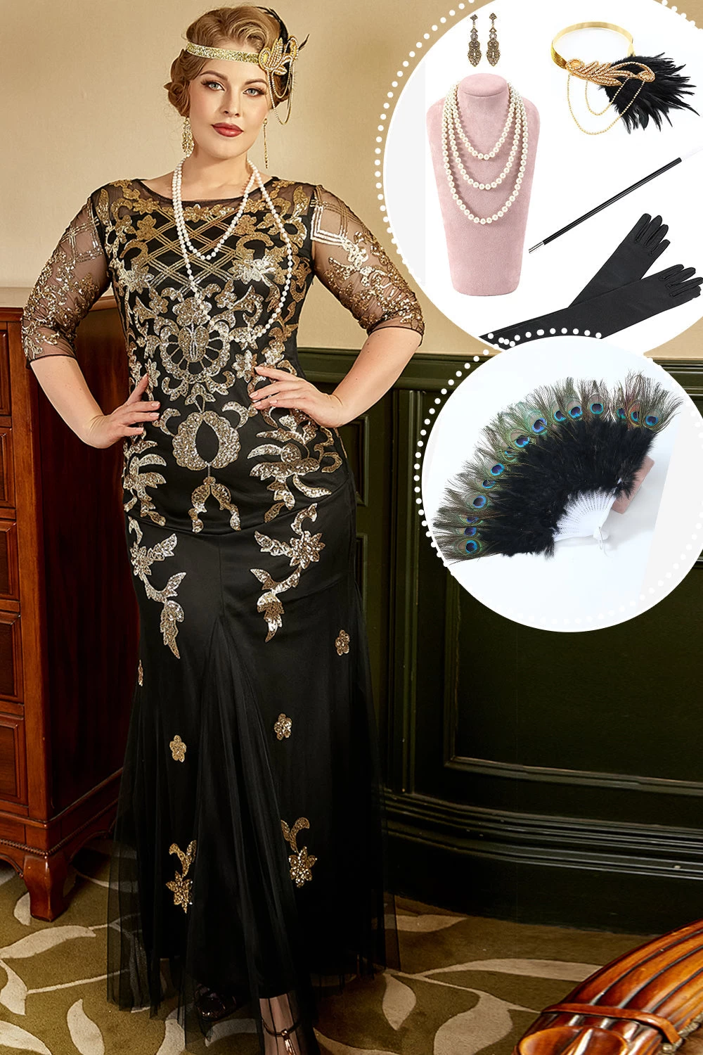 Noir Et Or Plus Taille 1920s Gatsby Robe Avec 20s Acessories Set 3 Noir Et Or Plus Taille 1920s Gatsby Robe Avec 20s Acessories Set