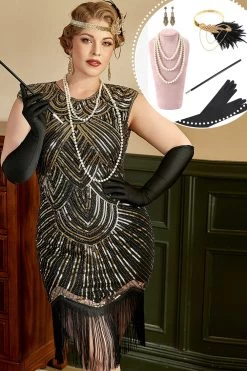 Doré Paillettes Plus Taille 1920s Gatsby Robe Avec 20s Acessories Set