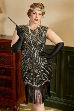 Doré Paillettes Plus Taille 1920s Gatsby Robe Avec 20s Acessories Set 12 Doré Paillettes Plus Taille 1920s Gatsby Robe Avec 20s Acessories Set -Zapaka YYZLHB230088 5