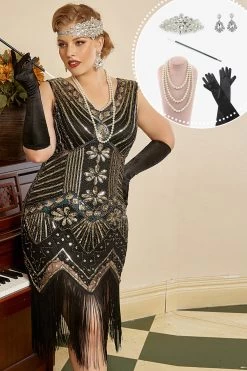 Paillettes Dorés Noirs Plus Taille 1920s Robe Gatsby Avec 20s Acessories Set