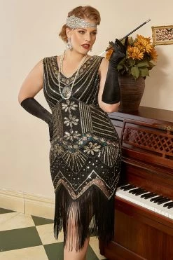 Paillettes Dorés Noirs Plus Taille 1920s Robe Gatsby Avec 20s Acessories Set -Zapaka YYZLHB230089 2