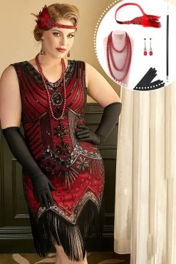 Rouge Plus Taille 1920s Gatsby Robe Avec 20s Acessories Set