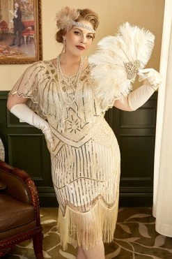 Apricot Plus Taille 1920s Gatsby Robe Avec 20s Acessories Set -Zapaka YYZLHB230093 2