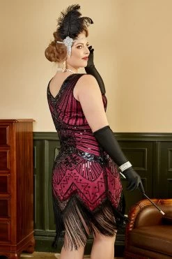 Paillettes Fuchsia 1920s Plus Taille Robe Avec 20s Accessoires Set -Zapaka YYZLHB230097 3