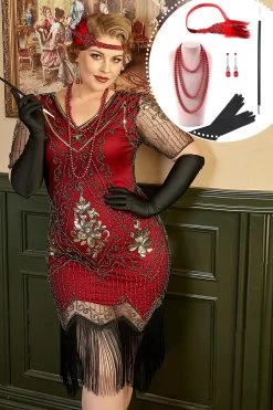 Robe De Taille Plus Des Années 20 Dorée Et Rouge Avec Ensemble D’accessoires
