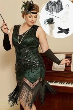 Robe à Paillettes Vert Foncé Des Années 20 Avec Ensemble D’accessoires