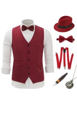 Gilet Pour Homme Burgundy Chain Avec Ensemble D’accessoires 5 Pièces