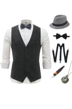 Gilet Pour Homme Gris Foncé à Rayures Avec Ensemble D’accessoires 5 Pièces