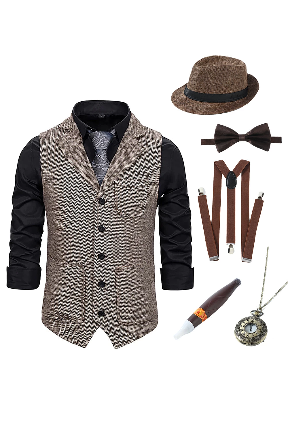 Gilet Marron à Revers Cranté Pour Homme Avec Ensemble D’accessoires 5 Pièces 3 Gilet Marron à Revers Cranté Pour Homme Avec Ensemble D’accessoires 5 Pièces
