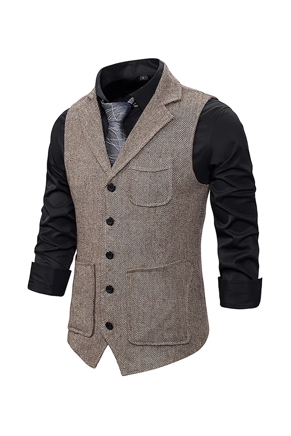Gilet Marron à Revers Cranté Pour Homme Avec Ensemble D’accessoires 5 Pièces 7 Gilet Marron à Revers Cranté Pour Homme Avec Ensemble D’accessoires 5 Pièces – Image 5