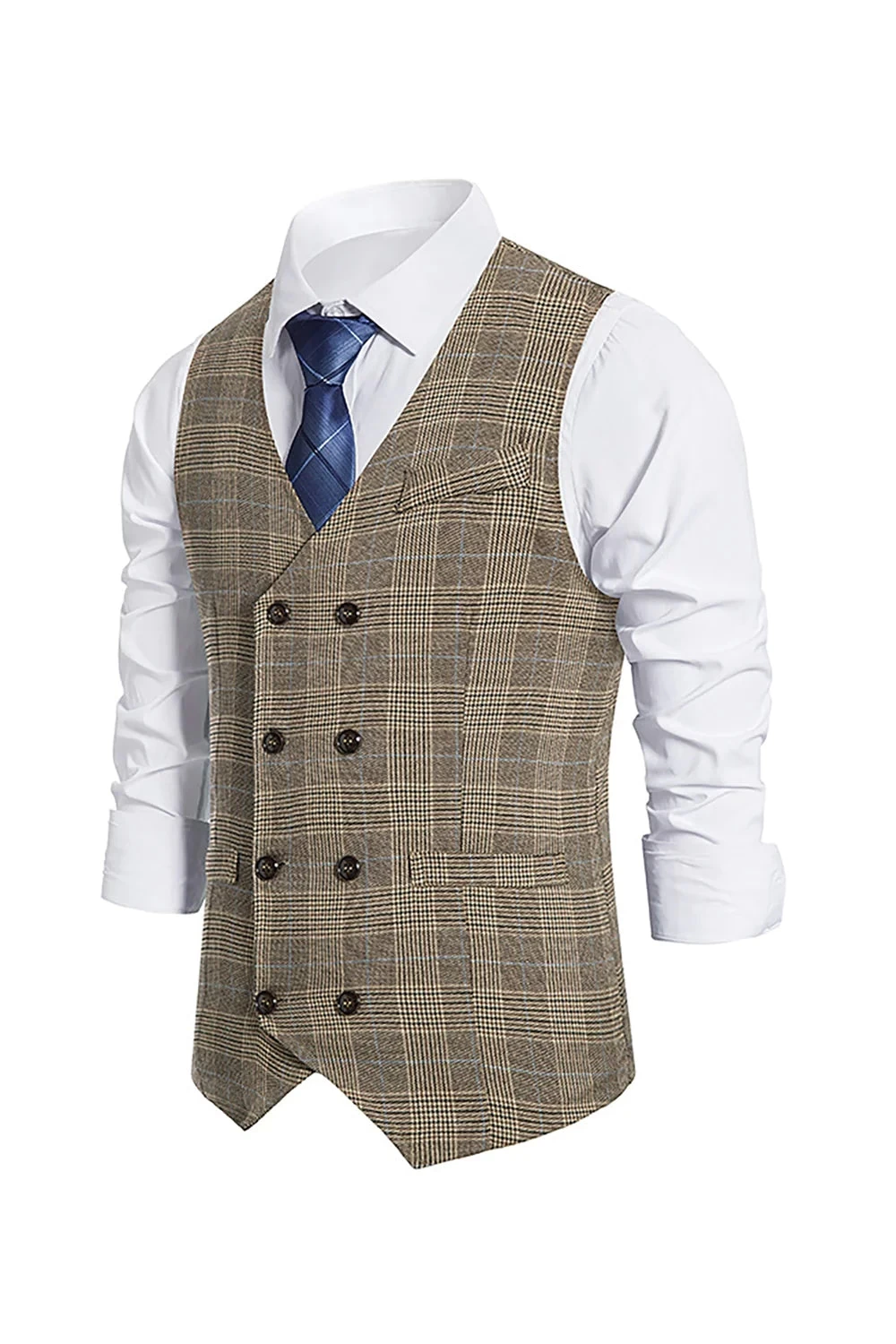 Gilet Pour Homme à Carreaux Brun à Double Poitrine Avec Ensemble D’accessoires 6 Gilet Pour Homme à Carreaux Brun à Double Poitrine Avec Ensemble D’accessoires – Image 4