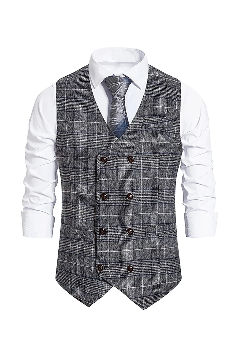 Gilet Pour Homme à Carreaux Gris à Double Poitrine Avec Ensemble D’accessoires 4 Gilet Pour Homme à Carreaux Gris à Double Poitrine Avec Ensemble D’accessoires – Image 2