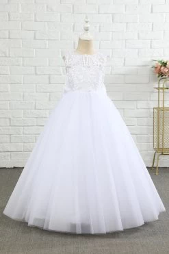 Robe Fille Fleur Blanche Sans Manches Avec Nœud