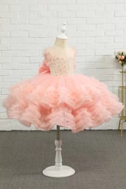 Rose Perles Tulle Fleur Fille Robe Avec Nœud -Zapaka ZPK2021072306 Pink 3
