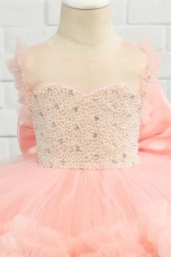 Rose Perles Tulle Fleur Fille Robe Avec Nœud -Zapaka ZPK2021072306 Pink 4