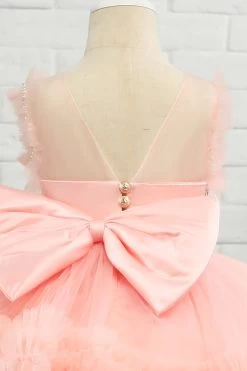 Rose Perles Tulle Fleur Fille Robe Avec Nœud -Zapaka ZPK2021072306 Pink 6