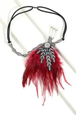 Bandeau à Clapet Perle Plume Noire Des Années 1920 -Zapaka ZPKAH007Burgundy 4