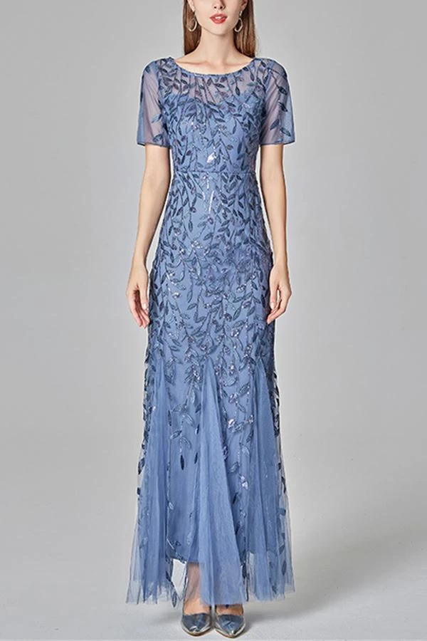 Robe Sirène à Manches Courtes Bleu Marine 5 Robe Sirène à Manches Courtes Bleu Marine – Image 3