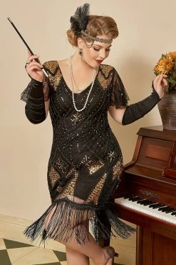 Golden Sequin Fringes Plus Taille 1920s Robe -Zapaka ZPKAV045 20black gold 4