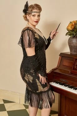 Golden Sequin Fringes Plus Taille 1920s Robe -Zapaka ZPKAV045 20black gold 8
