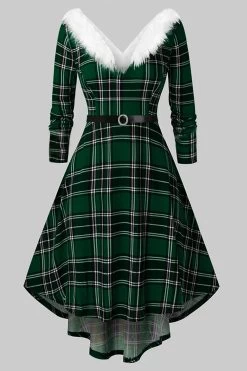 V Neck Robe De Noël à Manches Longues Plaid