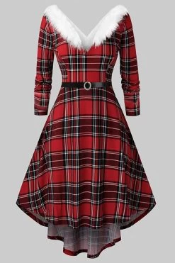 V Neck Robe De Noël à Manches Longues Plaid -Zapaka ZPKCGLH20877 Red 1