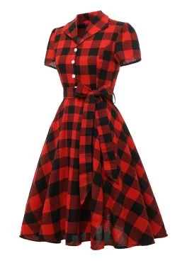 Rouge Plaid Manches Courtes Robe Vintage -Zapaka ZPKCGZL21427 RedGrid 2 6ad3cbd9 48a8 4d74 a41b 354b206de6ac