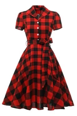Rouge Plaid Manches Courtes Robe Vintage