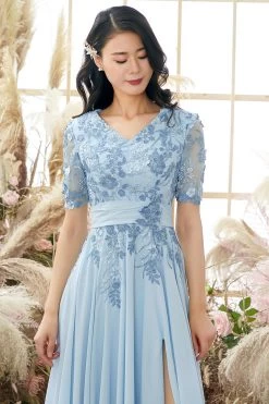 Robe Mère De Mariée Bleue à Col En V Avec Appliqués -Zapaka ZPKYYLH 127 4