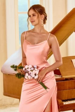 Robe De Demoiselle D’honneur Longue Gaine Pêche Avec Fente -Zapaka ZPKYYLH20401 peach 2