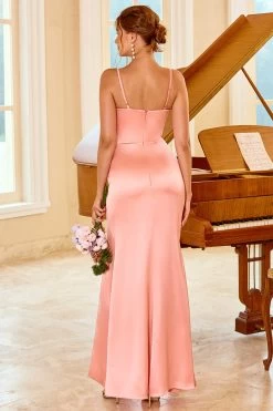 Robe De Demoiselle D’honneur Longue Gaine Pêche Avec Fente -Zapaka ZPKYYLH20401 peach 8