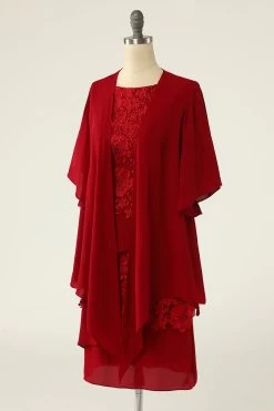 Robe De Mère De La Mariée Deux Pièces Rouge Foncé Avec Dentelle -Zapaka ZPKYYLH20468 7
