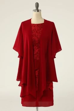 Robe De Mère De La Mariée Deux Pièces Rouge Foncé Avec Dentelle -Zapaka ZPKYYLH20468 first 6