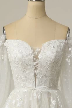 Luxueuse Une Ligne Sur L’épaule Robe De Mariée Blanche Avec Appliques -Zapaka ZPKYYLH451 6