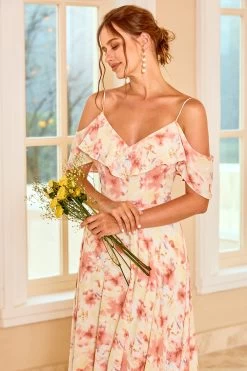 Robe De Demoiselle D’honneur Blush Imprimée Avec Volant -Zapaka ZPKYYZL062 Blush 6