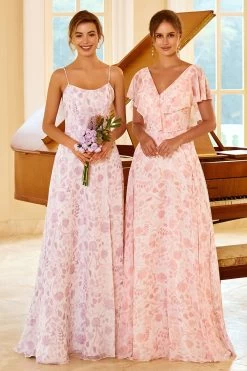 Une Ligne Spaghetti Straps Purple Flower Printed Bridesmaid Dress -Zapaka ZPKYYZL067 Purple flower 1 first