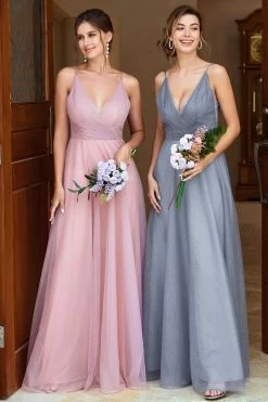 Une Ligne Spaghetti Straps Grey Pink Bridesmaid Dress