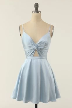 Une Ligne Robe De Soirée Courte à Bretelles Spaghetti Blush -Zapaka ZPKYYZL093 Light blue 1 first