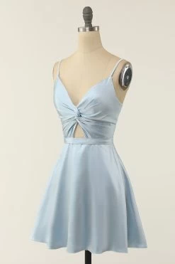 Une Ligne Robe De Soirée Courte à Bretelles Spaghetti Blush -Zapaka ZPKYYZL093 Light blue 3