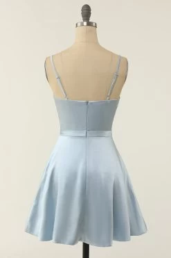 Une Ligne Robe De Soirée Courte à Bretelles Spaghetti Blush -Zapaka ZPKYYZL093 Light blue 5