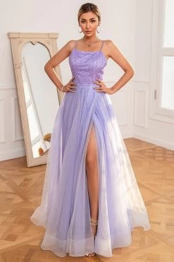 Robe De Bal à Paillettes Violet Clair Avec Fente