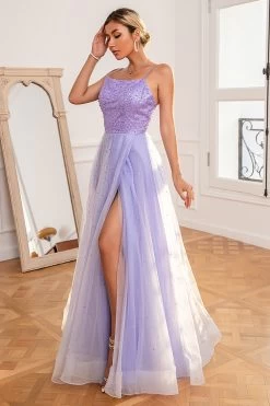 Robe De Bal à Paillettes Violet Clair Avec Fente -Zapaka ZPKYYZL117 Light Purple 5