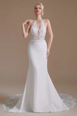 White Mermaid Halter Backless Sweep Train Robe De Mariée Avec Dentelle