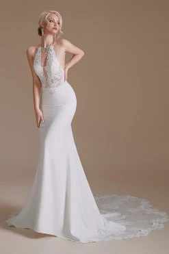 White Mermaid Halter Backless Sweep Train Robe De Mariée Avec Dentelle -Zapaka ceyy1065White 5